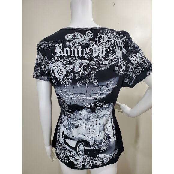 Big Bang Women's Short Sleeve Bedazzled Black Route 66 Double-Sided Size Medium - Picture 6 of 10